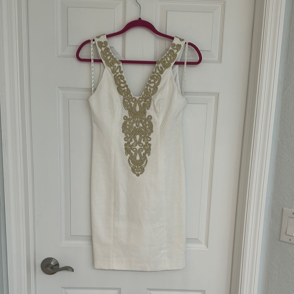 Lilly Pulitzer Elegant White Dress with Gold Embellishments
